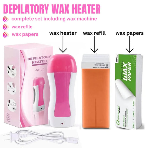 3 in 1 depilatory wax heater machine with roll on wax refill and waxing strips for body and face hair removal, 3 in 1 wax machine for women and man, waxing machine with hot wax and depilatory wax paper, depilatory roll on wax heater Glowngoodz